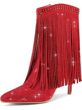 Women's Red Faux Leather Rhinestone Sparkly Bling High Heel Side Zipper Boots